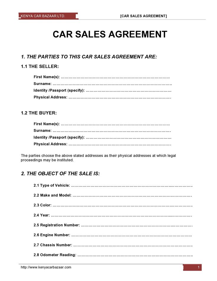 Car sales agreement document template detailing seller, buyer, and vehicle information sections for a legal transaction.