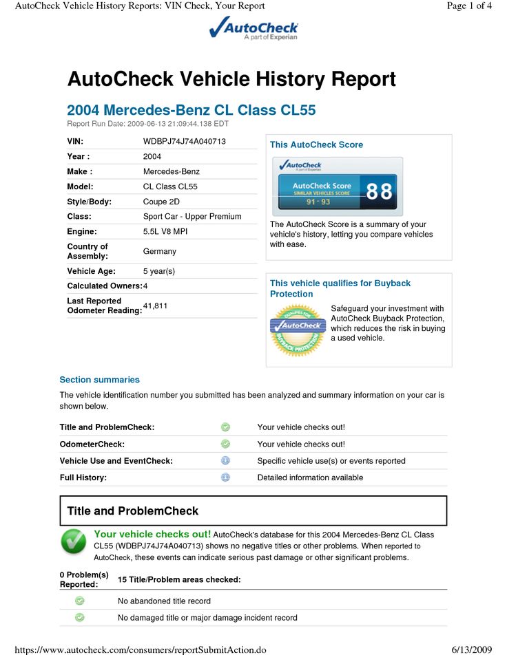 AutoCheck Vehicle History Report for 2004 Mercedes-Benz CL55: VIN WDBPJ74J74A040713, score 88, 41,811 miles, no issues found.