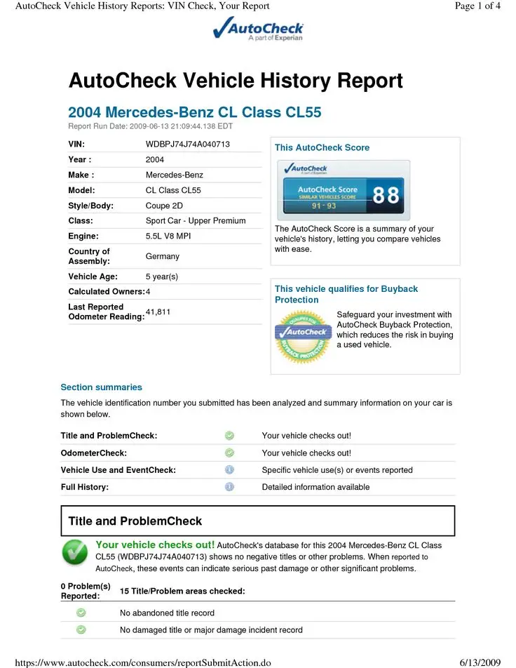 bfecb467fc877d3512ddea0a0cb9362a - Engine Stories AutoCheck Vehicle History Report for 2004 Mercedes-Benz CL55: VIN WDBPJ74J74A040713, score 88, 41,811 miles, no issues found.