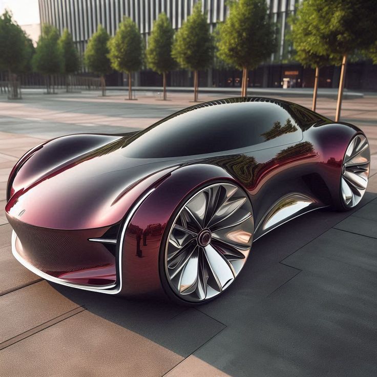 Futuristic concept car with sleek curves and reflective surface in a modern urban setting, highlighting innovative design.