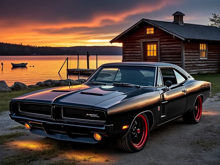 Classic black muscle car parked by a lake cabin at sunset, with glowing lights and vibrant sky reflecting on the water.