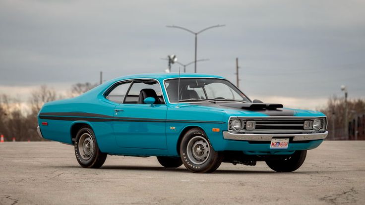 Vintage blue muscle car on an empty road, showcasing classic design and retro styling under a cloudy sky.