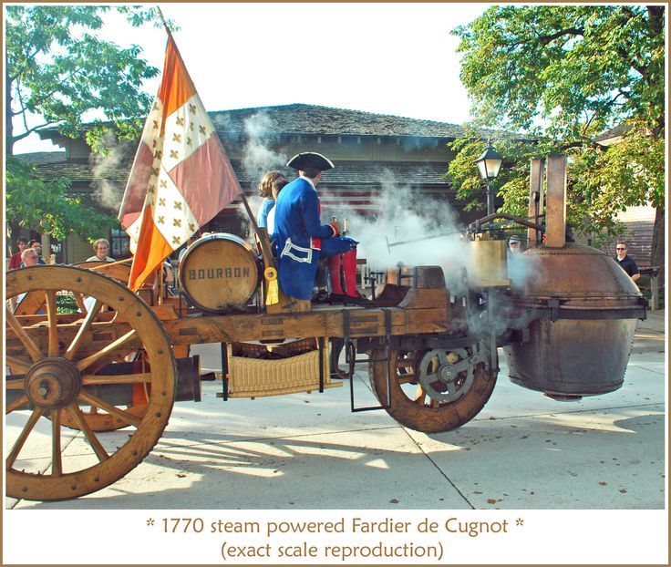 1770 Cugnot Steam Car - Engine Stories Historical 1770 Fardier de Cugnot steam vehicle replica with flag, demonstrating early automotive innovation in a public display.