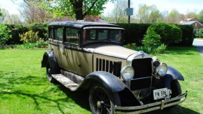 Vintage classic car parked on a lush green lawn under a tree, showcasing elegant early 20th-century design.