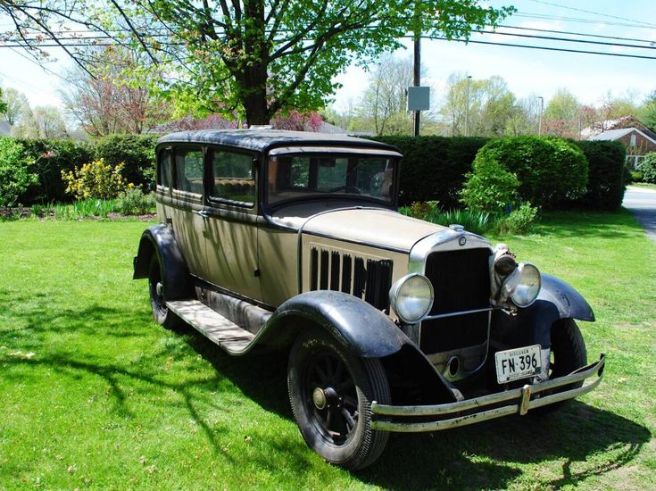 Vintage classic car parked on a lush green lawn under a tree, showcasing elegant early 20th-century design.