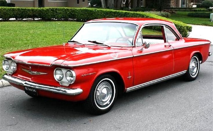 1965 Chevrolet Red Corvair_ - Engine Stories Red classic car parked on the street, showcasing vintage design and sleek chrome details.