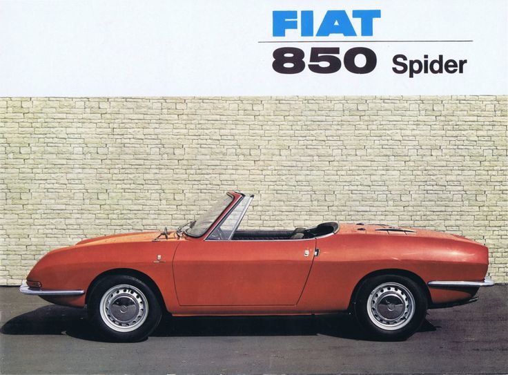 1966_FIAT 850 Spider brochure_GERMANY_01 - Engine Stories Vintage red Fiat 850 Spider convertible parked against a brick wall, showcasing classic Italian automotive design.