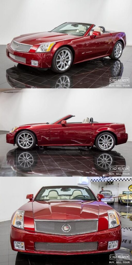 2006 Cadillac XLR-V Convertible 4_4L Supercharged for sale - Engine Stories Red convertible sports car on display in a showroom, showcasing sleek design and luxury features.