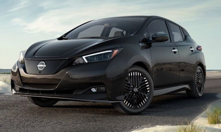 Sleek black electric car parked on a coastal road, showcasing modern design and efficiency in the scenic outdoors.