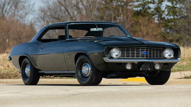 Classic black muscle car parked outdoors, showcasing vintage design and powerful build.