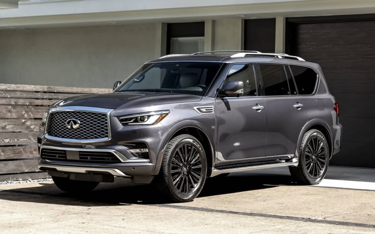 6 Wallpaper Infiniti Qx80 2020 - Engine Stories Luxurious grey SUV parked in front of a modern building under sunlight.