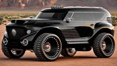 Futuristic black SUV with oversized wheels parked in a desert landscape, showcasing rugged design and innovation.