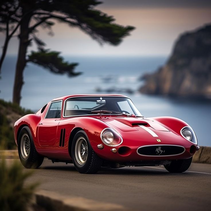 Classic red sports car on a scenic coastal road with cliffs and ocean in the background. Elegant design and timeless beauty.