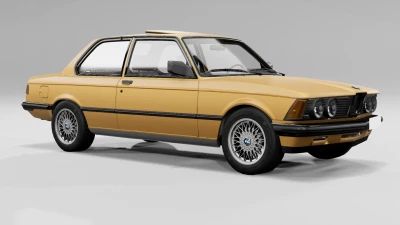 Vintage yellow car with classic design and silver alloy wheels on a neutral background.