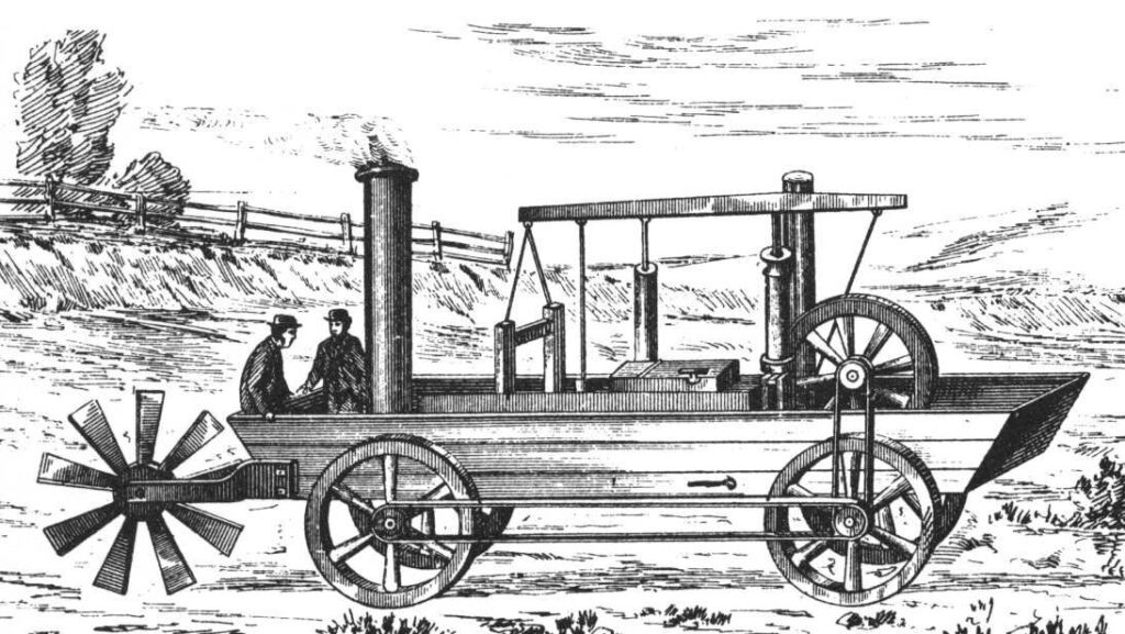 8b5034409dc8bf8d5ab09e71e71c5487 - Engine Stories Vintage illustration of a steam-powered land vehicle with two passengers, showcasing early transportation technology.