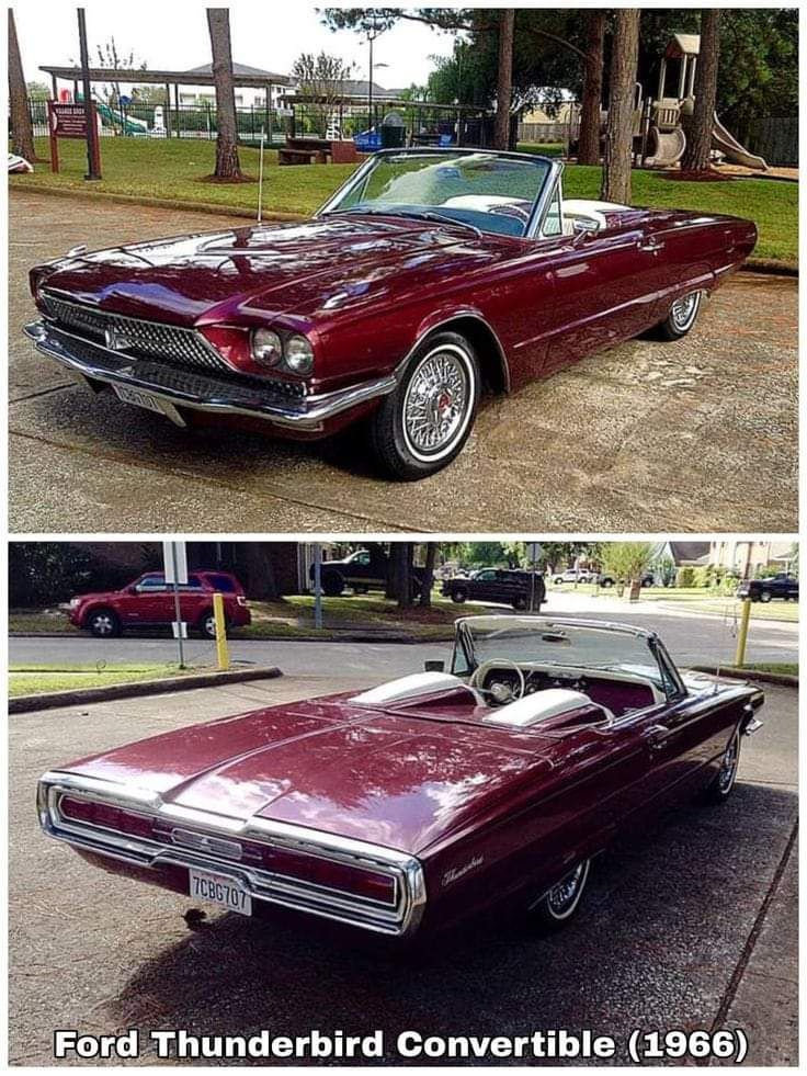 Cars_ Photos and more - Engine Stories 1966 Ford Thunderbird Convertible in cherry red, front and rear views, parked outdoors on a sunny day. Classic car lover dream.