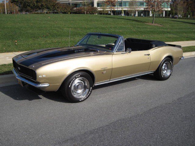 Chevrolet Camaro - Engine Stories Classic gold and black convertible car parked on sunny street, showcasing vintage design and open-top luxury.