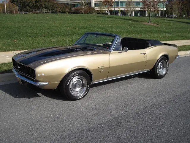 Chevrolet Camaro - Engine Stories Classic gold and black convertible car parked on sunny street, showcasing vintage design and open-top luxury.