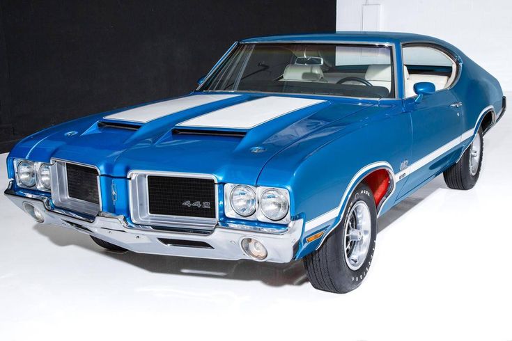 Vintage blue muscle car with white racing stripes and a classic design, showcasing its sleek lines and powerful stance.