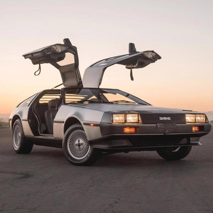 Silver DeLorean sports car with gullwing doors open against a sunset backdrop, showcasing classic 1980s automotive design.