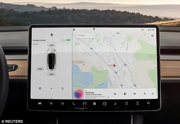 Tesla dashboard touchscreen displaying navigation map and vehicle controls in a scenic landscape setting.
