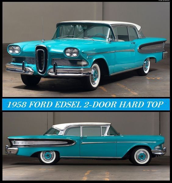 FORD Edsel Hard-Top_1958 - Engine Stories Classic 1958 Ford Edsel, turquoise 2-door hard top, showcasing vintage design and style with chrome accents.