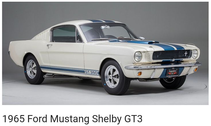 Ford Mustang Shelby GT3 1965 - Engine Stories Classic 1965 Ford Mustang Shelby GT350 in white with blue racing stripes, parked in studio setting.