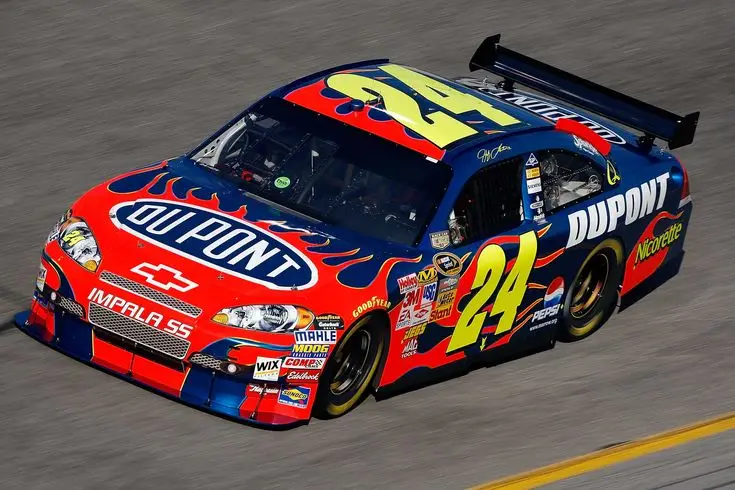 Colorful racing car number 24 with DuPont branding speeding on a track.