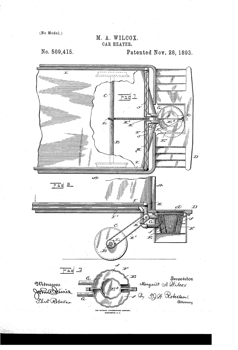 Margaret_wilcox_car_heater - Engine Stories Vintage 1893 patent illustration of M.A. Wilcox's innovative car heater design, showing detailed engineering diagrams.