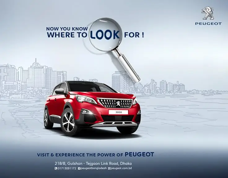 Red Peugeot 3008 SUV on cityscape background with magnifying glass, promoting dealership visit and experience.