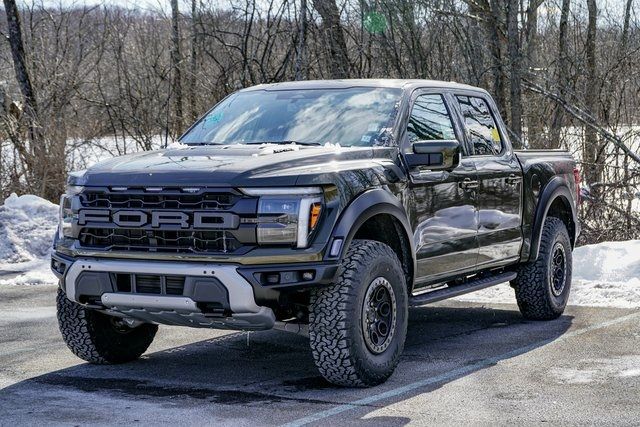 Black Ford Raptor truck parked on a snowy road with trees in the background, showcasing rugged design and powerful build.