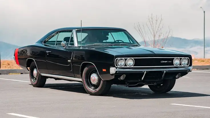 b7c77cf2b40762e1450383f5b8a3be1f - Engine Stories Classic black muscle car parked on an empty lot with mountains in the background.