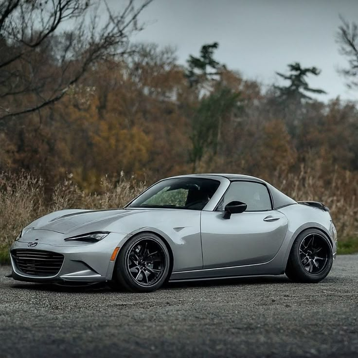 Silver convertible sports car parked on a rural road, surrounded by autumn trees. Perfect mix of performance and style.