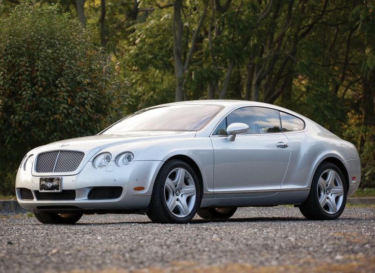 Silver luxury car parked on gravel with lush greenery background.