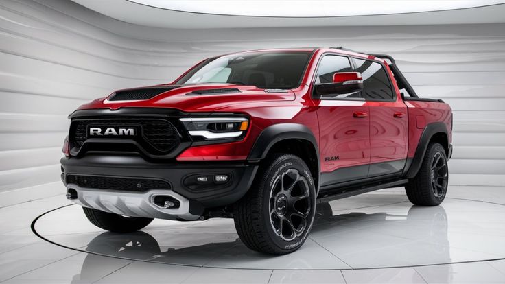 Red RAM pickup truck showcased in a modern showroom, highlighting sleek design and robust features. Ideal for truck enthusiasts.