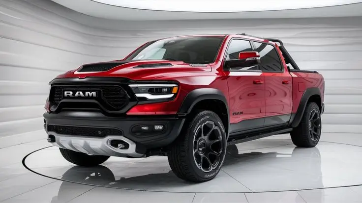 cb3c3eb847aa2d71c655ce4f941fa489 - Engine Stories Red RAM pickup truck showcased in a modern showroom, highlighting sleek design and robust features. Ideal for truck enthusiasts.
