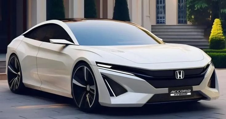 Sleek white Honda Accord Hybrid concept car parked, showcasing futuristic design and innovation in urban setting.