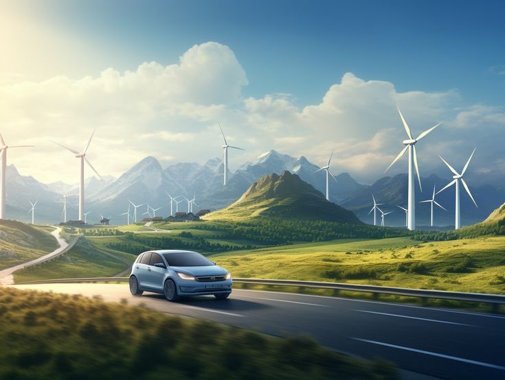 Electric car driving through scenic landscape with wind turbines and mountains, symbolizing eco-friendly transportation and renewable energy.