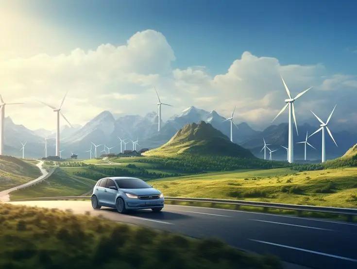 clean Modern and futurist kitchen design with neons - Engine Stories Electric car driving through scenic landscape with wind turbines and mountains, symbolizing eco-friendly transportation and renewable energy.