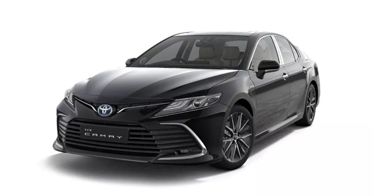 Sleek black 2023 Toyota Camry sedan with modern design and sharp lines, showcased against a white background.