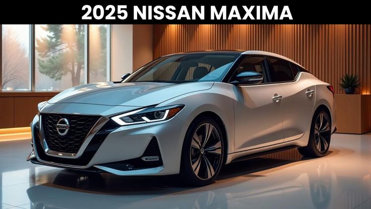 2025 Nissan Maxima parked in a modern showroom with sleek design and LED headlights.