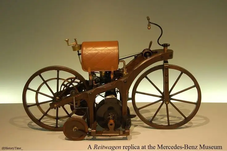 Replica of a Reitwagen, the first motorcycle, displayed at the Mercedes-Benz Museum.