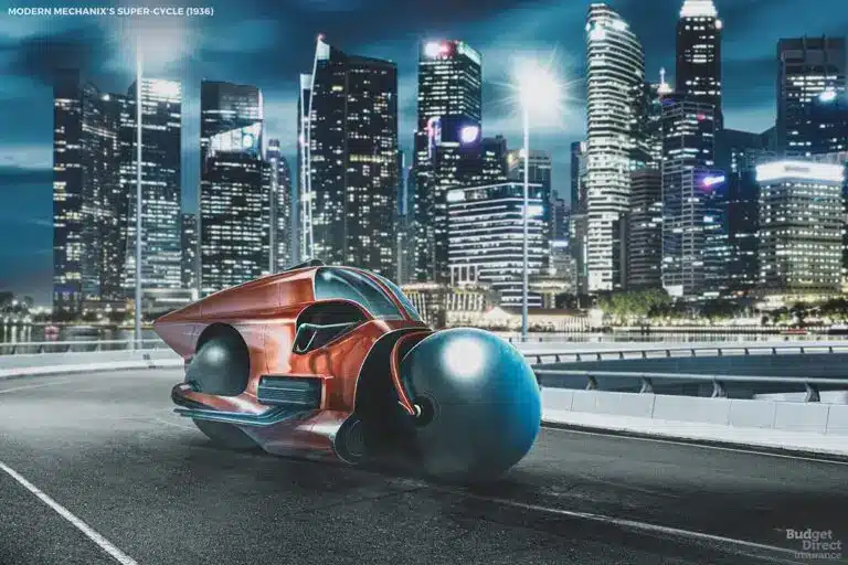Futuristic super-cycle from 1936 in a cityscape, featuring sleek design and glowing city lights in the background.