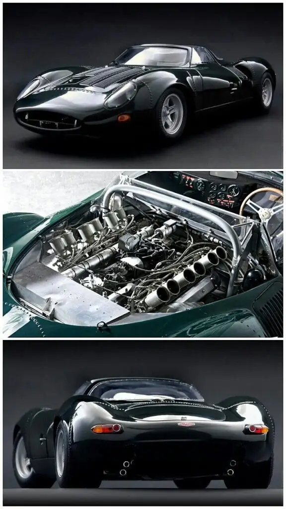 1966 Jaguar XJ13-R Prototype Le Mans racing car - Engine Stories Vintage sports car showcasing sleek design, powerful engine details, and elegant rear view in a classic black finish.
