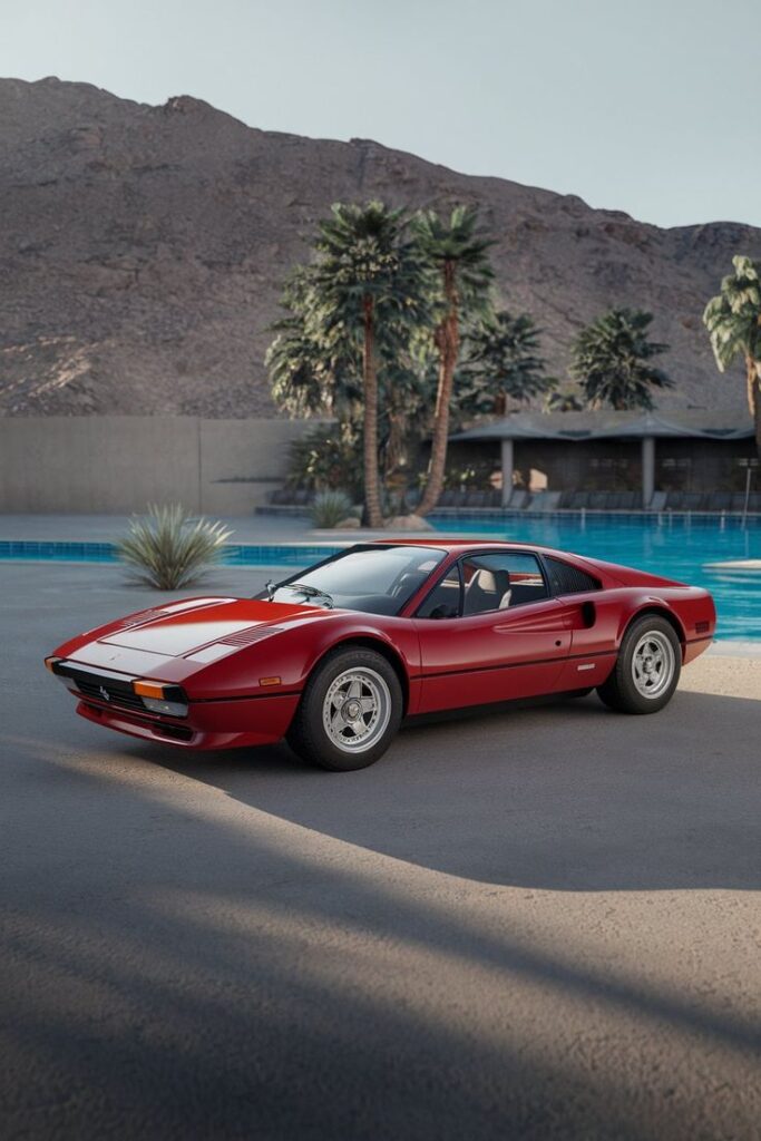 Red classic sports car parked by a pool with palm trees and a mountain background, under a clear sky.