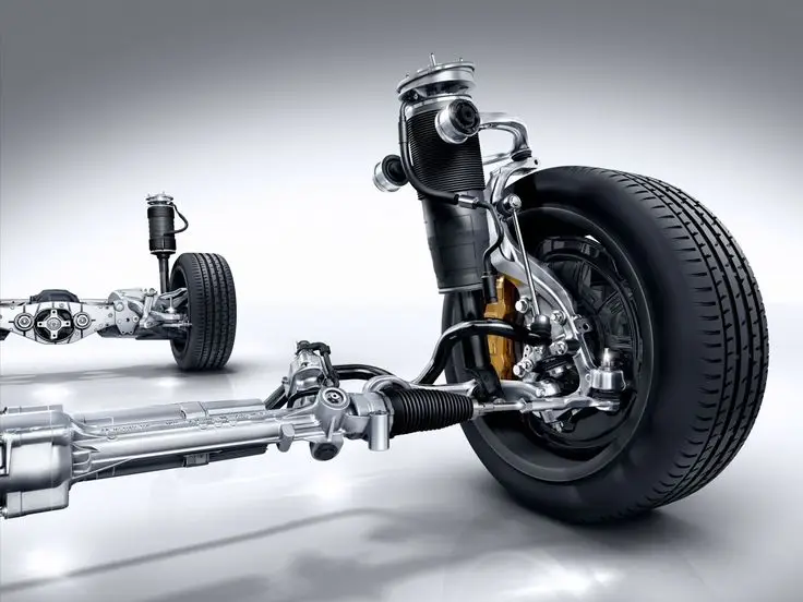 Close-up of advanced car suspension and wheel system showing intricate engineering details, modern automotive technology.