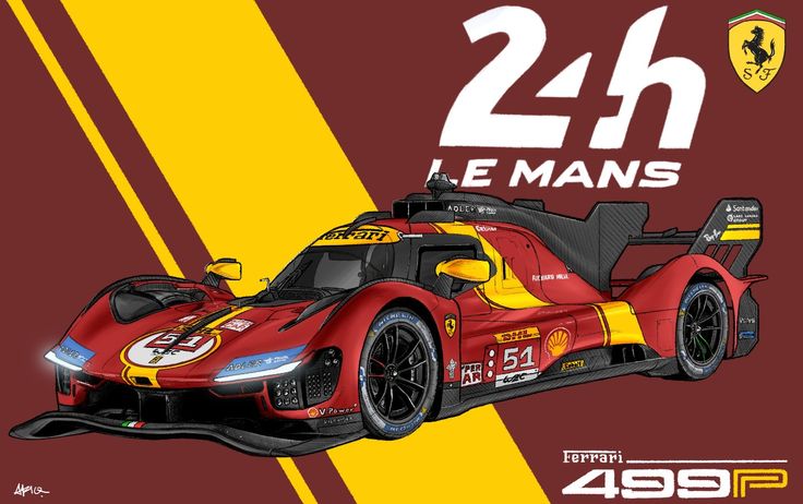 Illustration of a Ferrari 499P race car with red and yellow design, featuring the 24h Le Mans logo.