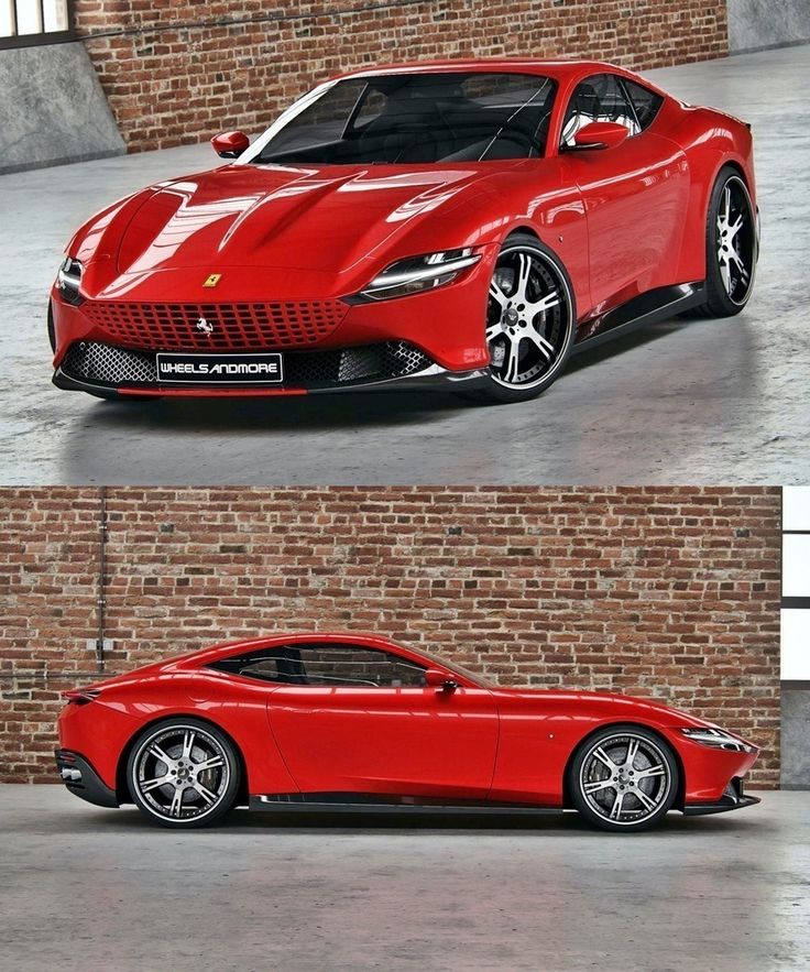 Red sports car with sleek design and alloy wheels displayed in front of a brick wall in a garage setting.