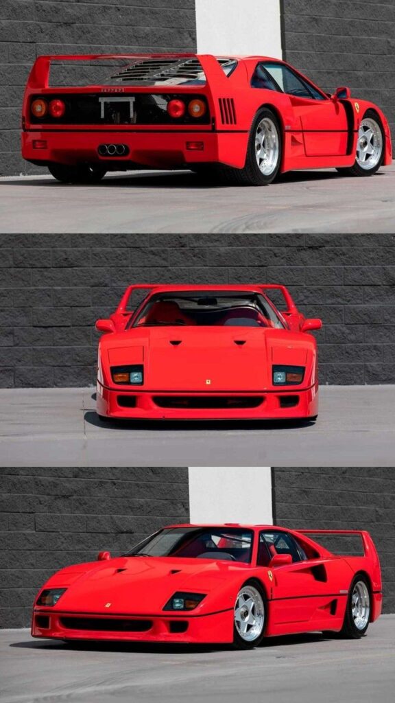 Red sports car showcasing rear, front, and side views against a gray brick wall, highlighting sleek design and powerful build.