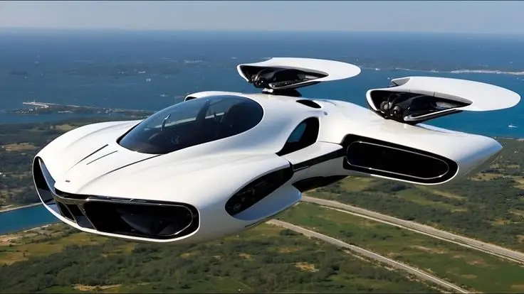 Futuristic flying car soaring above scenic coastal landscape, showcasing advanced aviation technology and innovation in transportation.